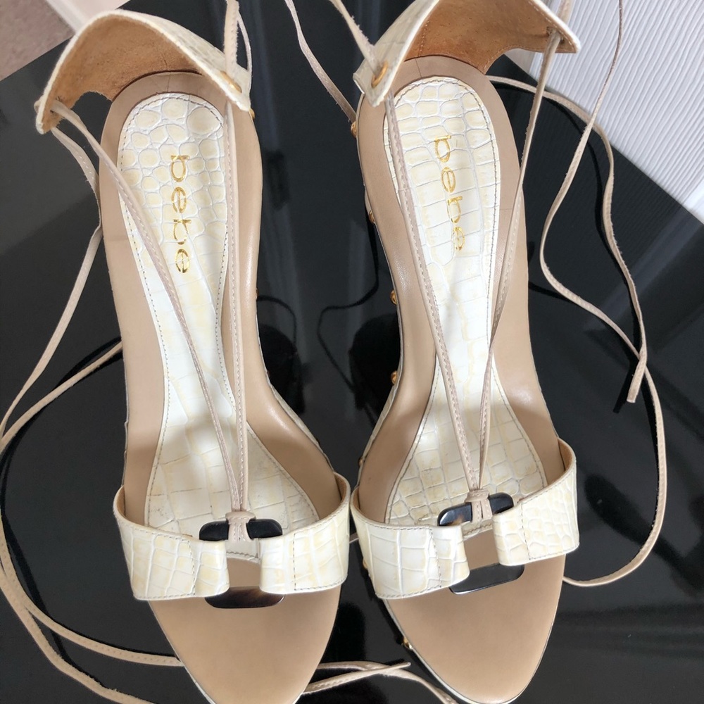 Bebe Heidi-Style Ivory "Crocodile" Lace-Up Wedges